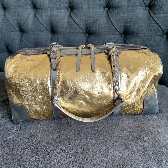 Lanvin Purse Large Tote Shoulder Bag Gold Silver Leather Lambskin Luxury Vintage - Picture 7 of 17